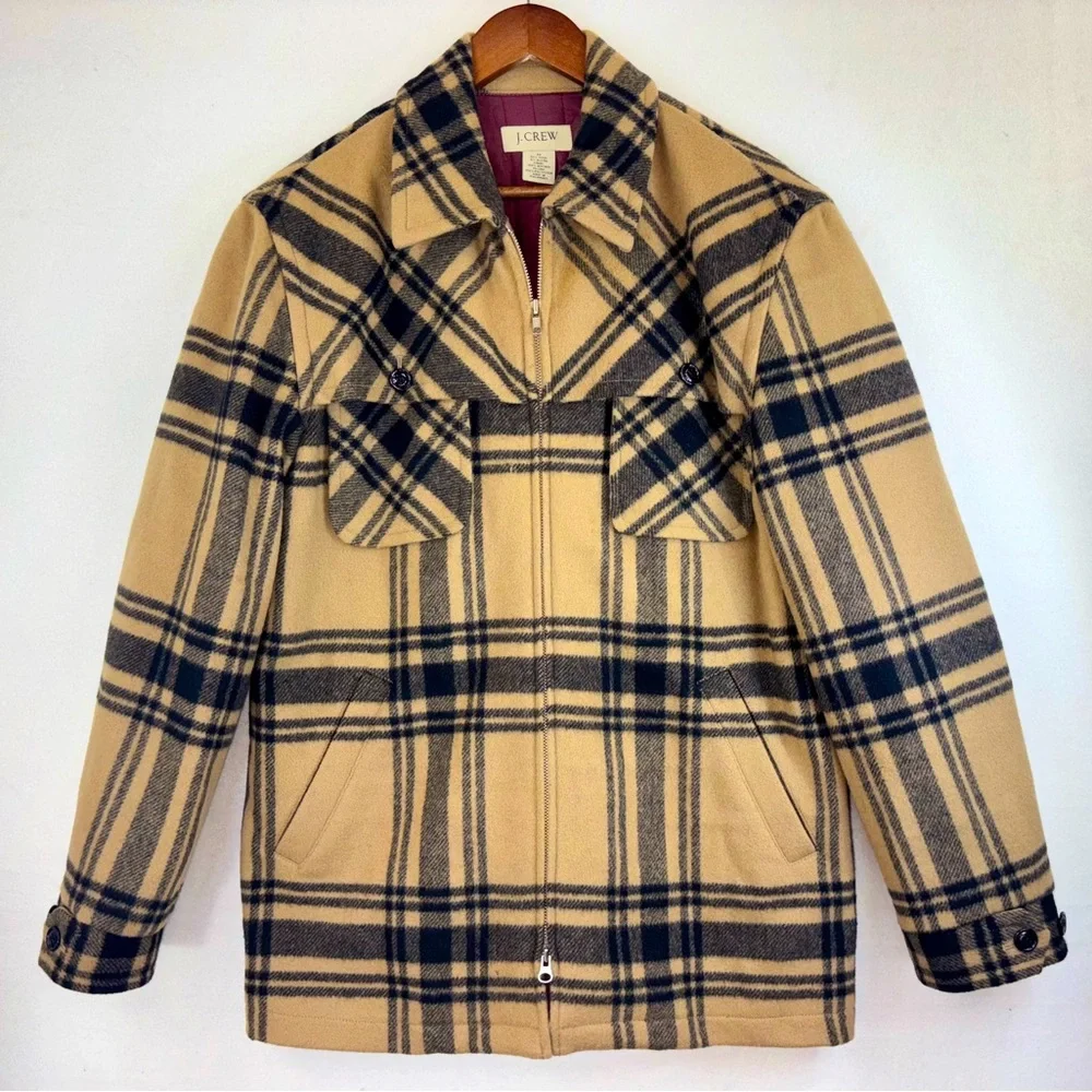 J. CREW Men's‎ Wool Coat Plaid Jacket Tan Flannel Quilted Heavy Lined Medium